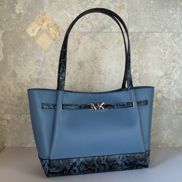 Michael Kors Reed Large Belted Shoulder Tote Leather Bag Denim Exotic Accents - Picture 7 of 15